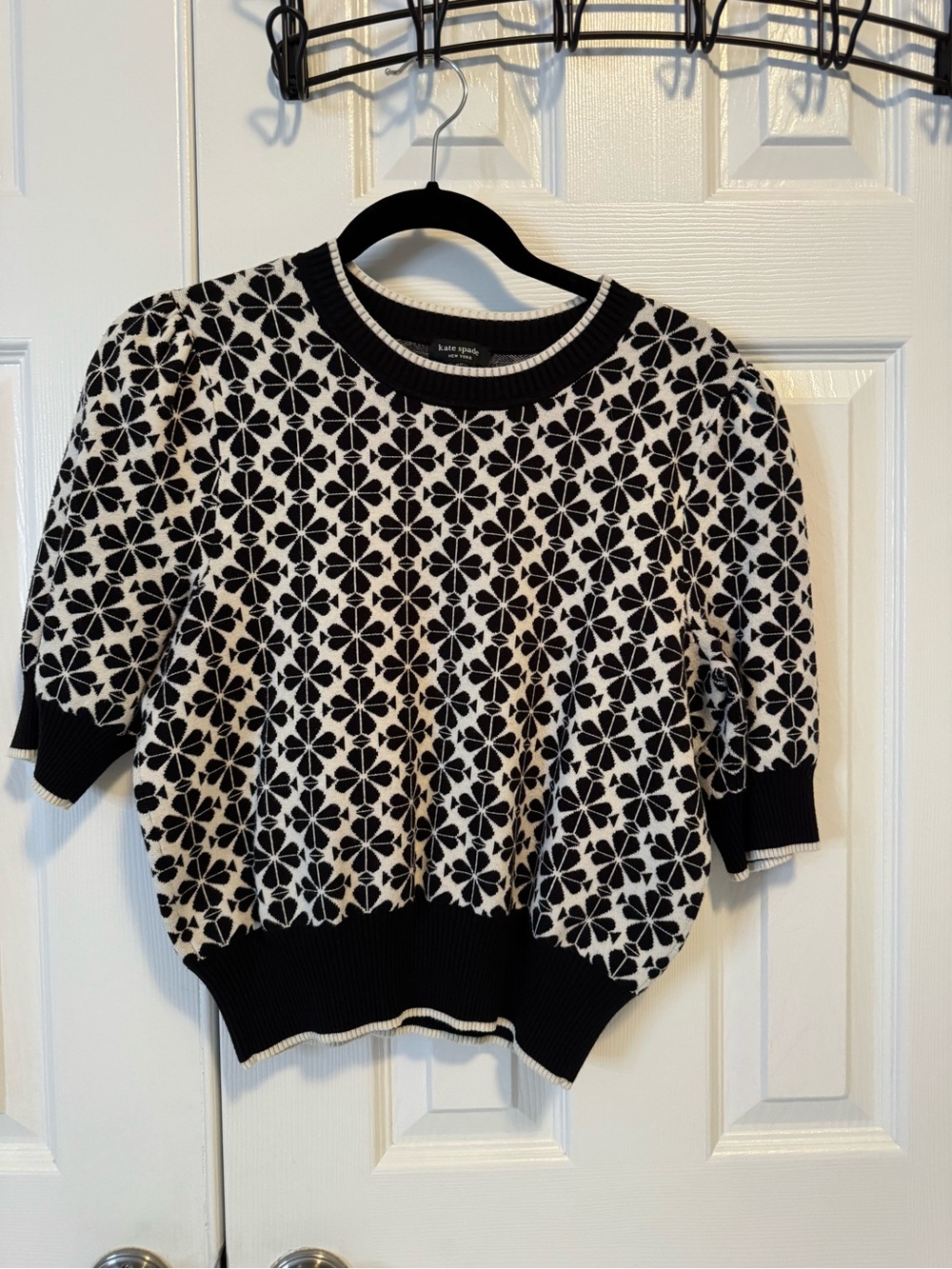 kate spade Black and White Floral Jacquard Short Sleeve Sweater